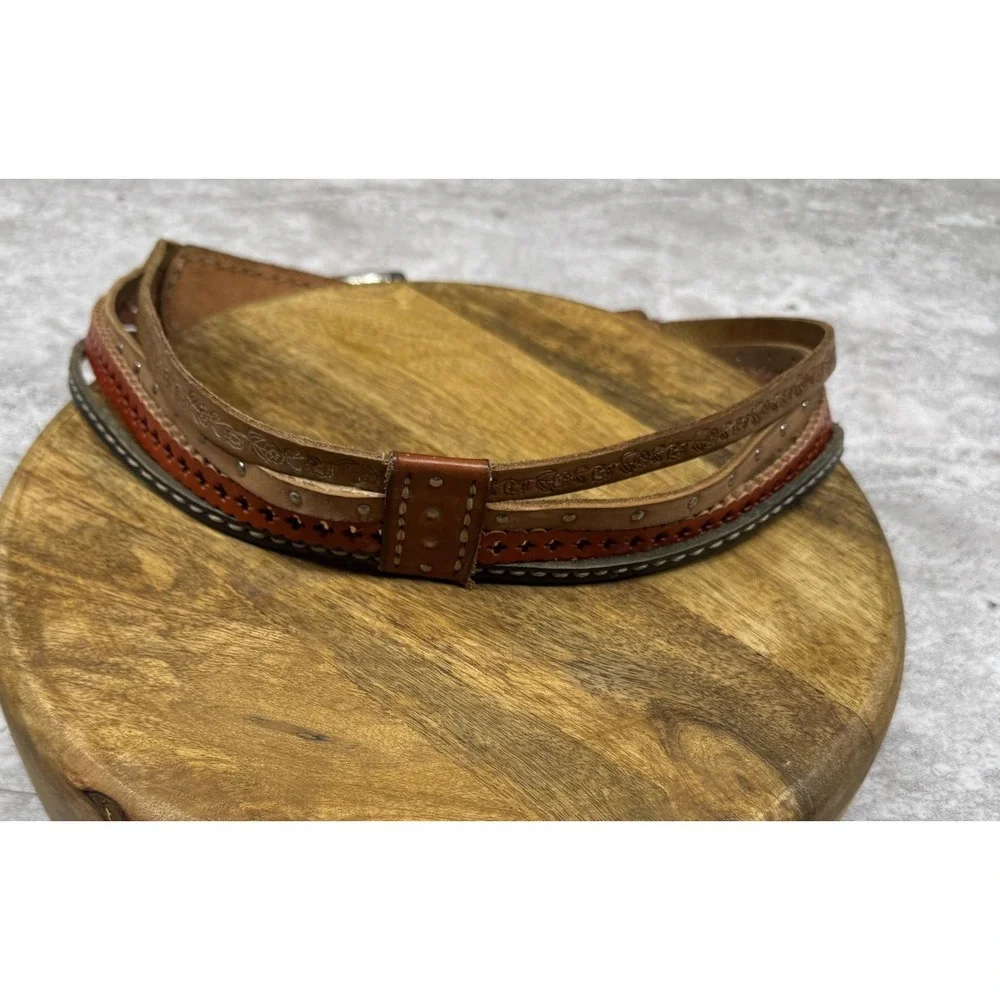 Fossil Belt Womens Small Brown Genuine Leather Western Studded Tooled Braided